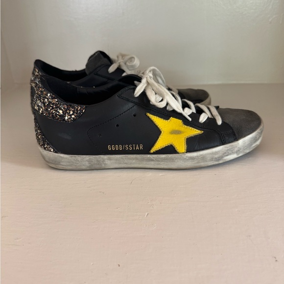 Golden Goose Black Sneakers with Yellow Star and Sparkles on The Heels - Picture 1 of 11
